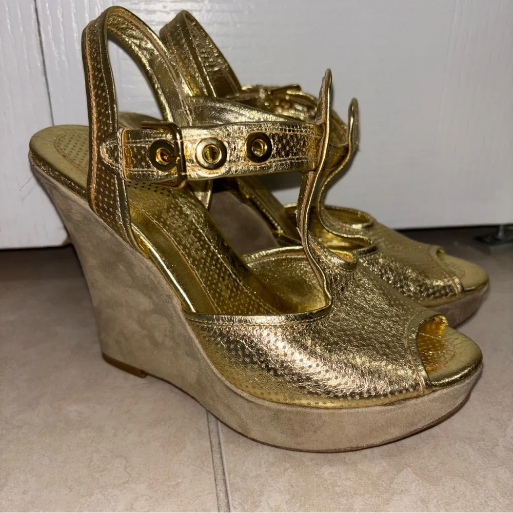 Goldenbleu Perforated Gold Mesh Platform Sandals
